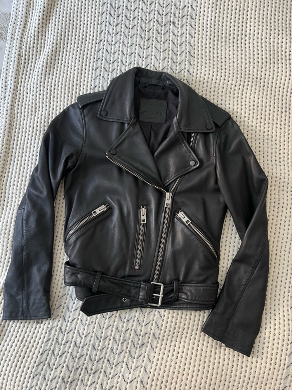AllSaints Black Leather Motorcycle Biker Jacket with Belted Waist